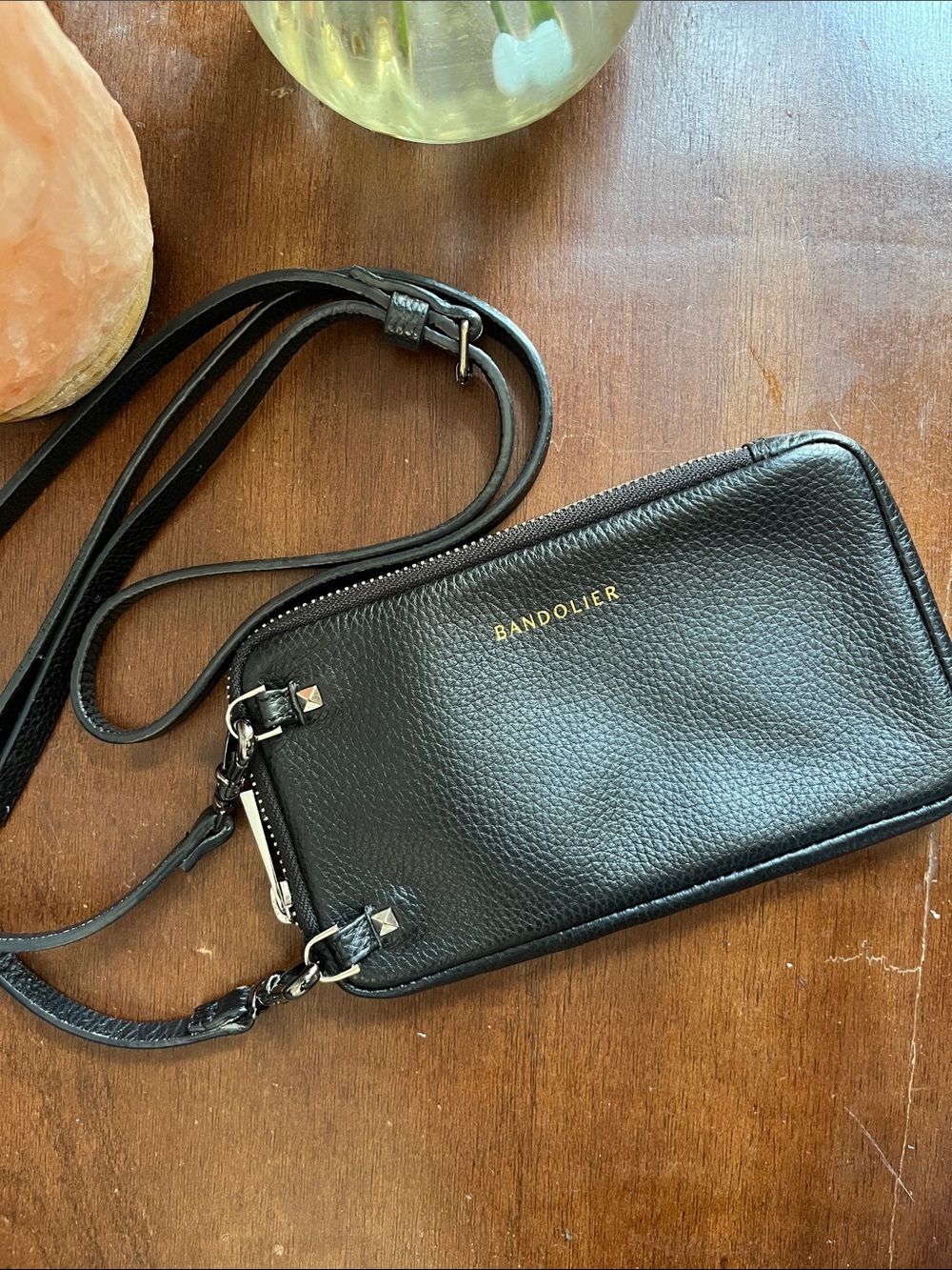 Bandolier Black Leather Crossbody Wallet with Gold Logo